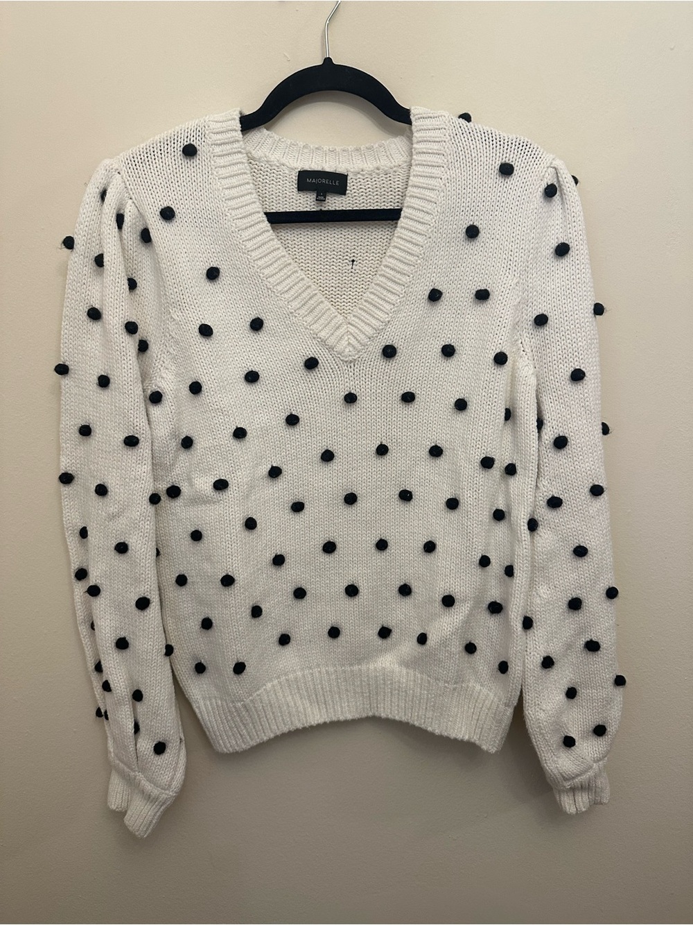 Majorelle White Black Pom Pom Polka Dot V-Neck Knit Sweater Size Small
